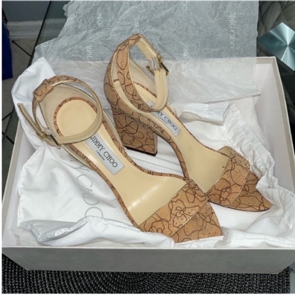 Jimmy Choo Edina Tan Patterned
Block Cork Block Heel Sandals Size 39.5